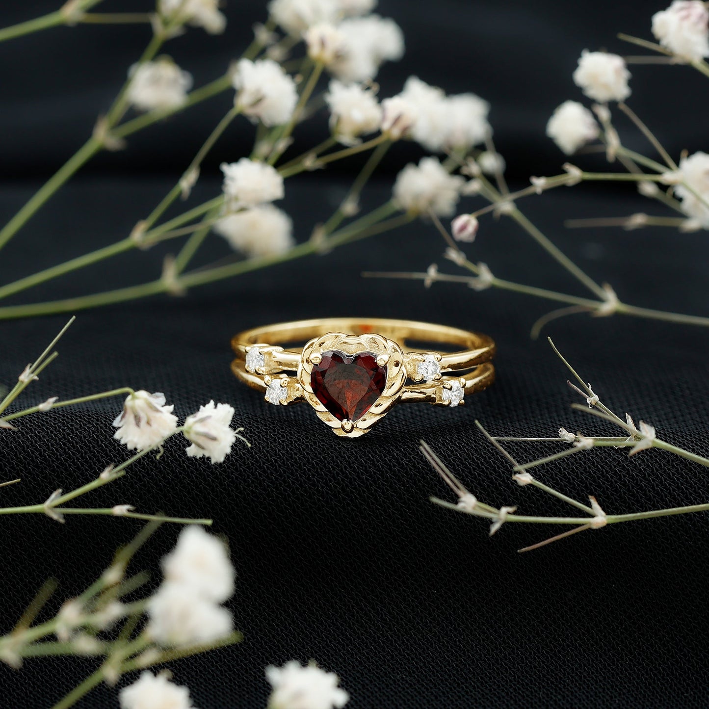 Natural Heart Shaped Garnet Diamond Double Band Engagement Ring