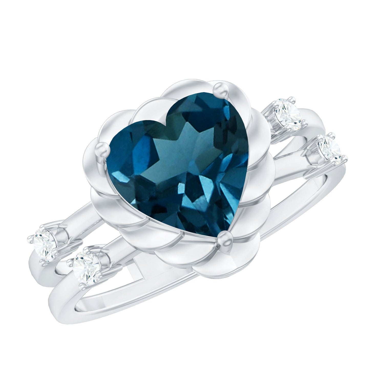 2 Carat Heart Shape London Blue Topaz Double Band Ring with Diamond