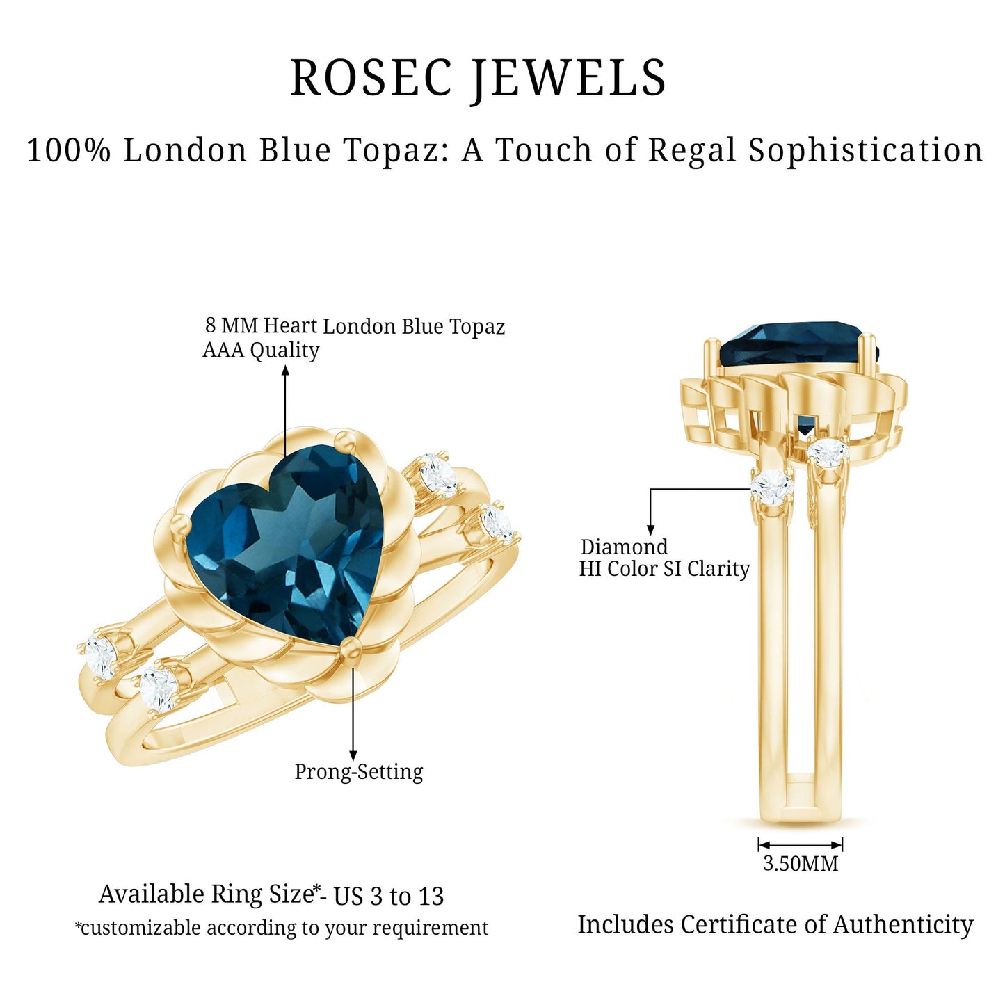 2 Carat Heart Shape London Blue Topaz Double Band Ring with Diamond