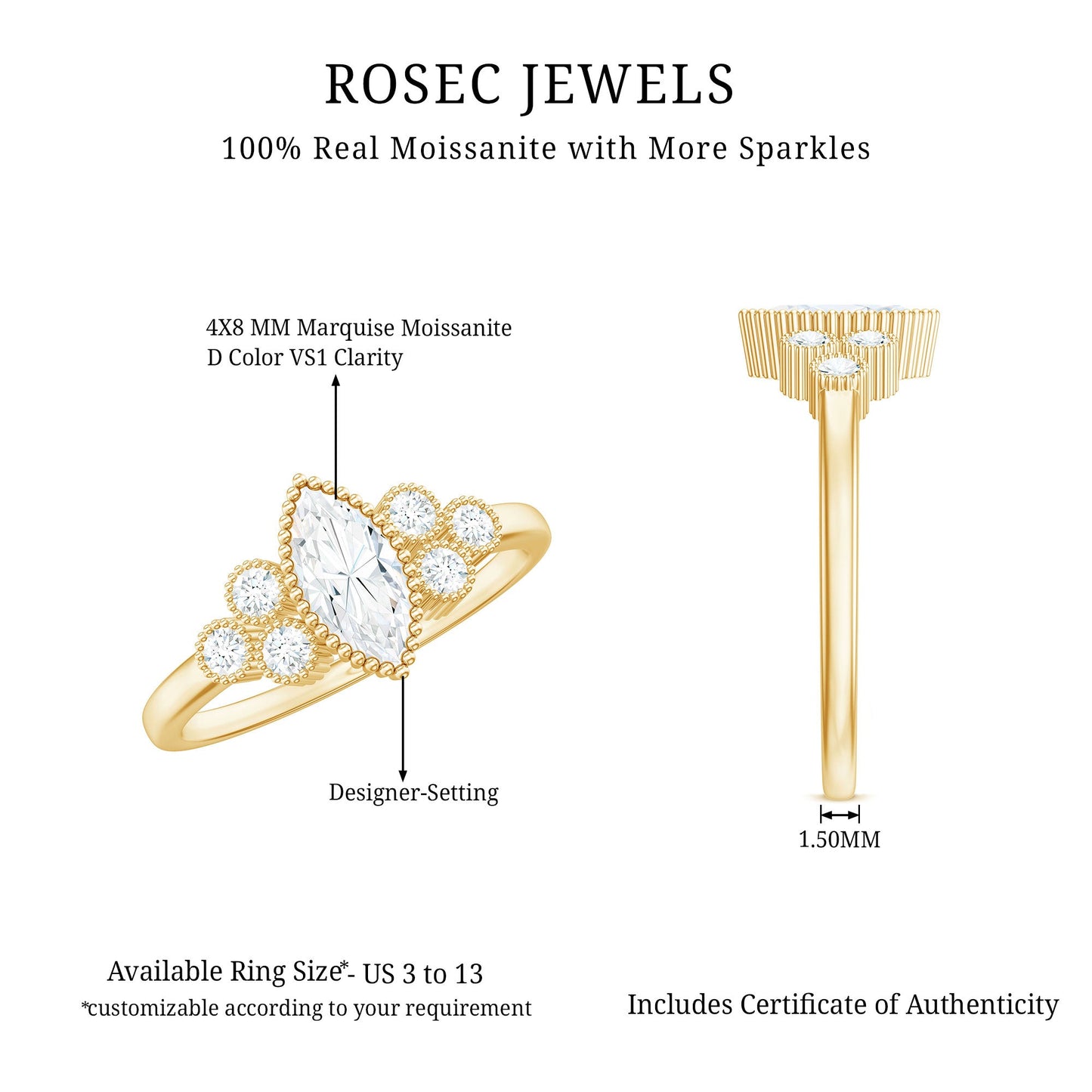 Marquise Moissanite Engagement Ring with Trios