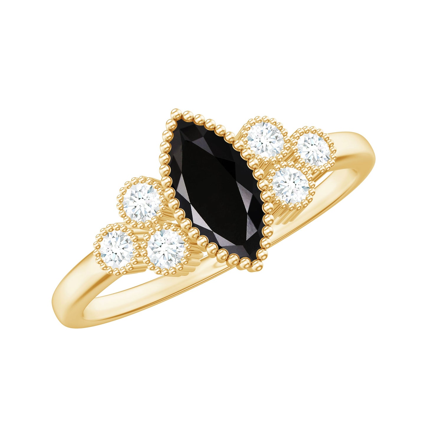 Natural Marquise Black Spinel Engagement Ring with Diamond Trio
