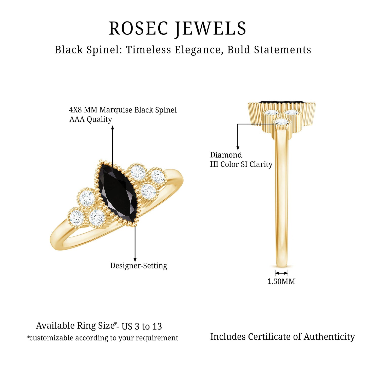 Natural Marquise Black Spinel Engagement Ring with Diamond Trio