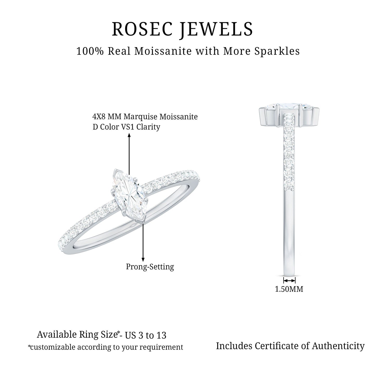Marquise Cut Moissanite Solitaire Promise Ring for Women