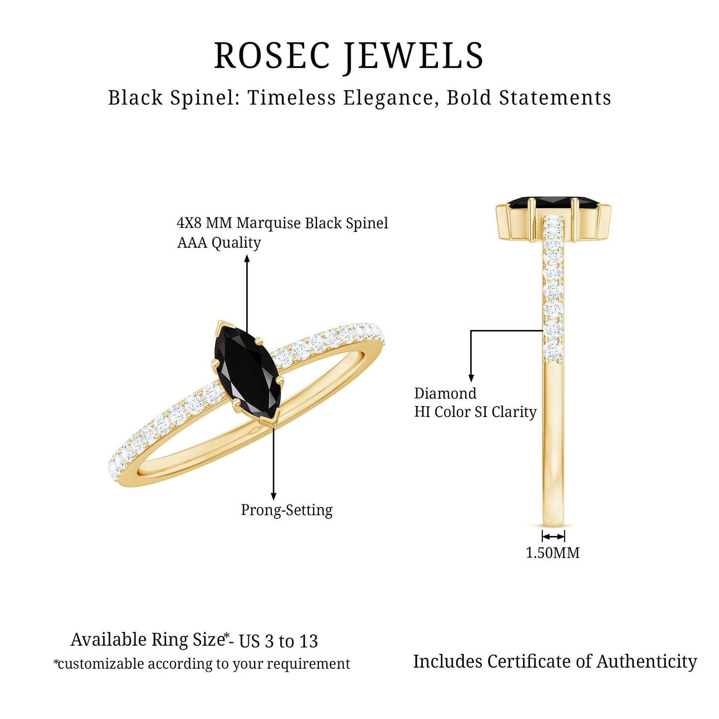 Marquise Black Spinel Diamond Promise Ring for Proposal