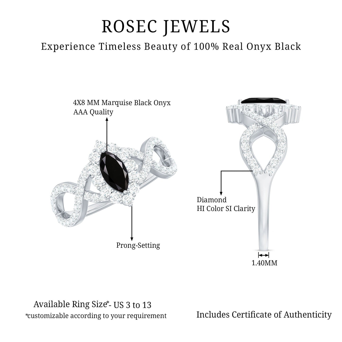 0.7 Carat Marquise Cut Black Onyx Statement Engagement Ring with Diamond Halo