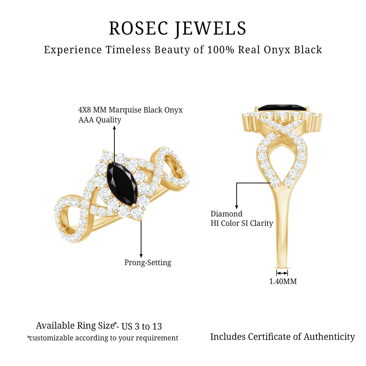 0.7 Carat Marquise Cut Black Onyx Statement Engagement Ring with Diamond Halo