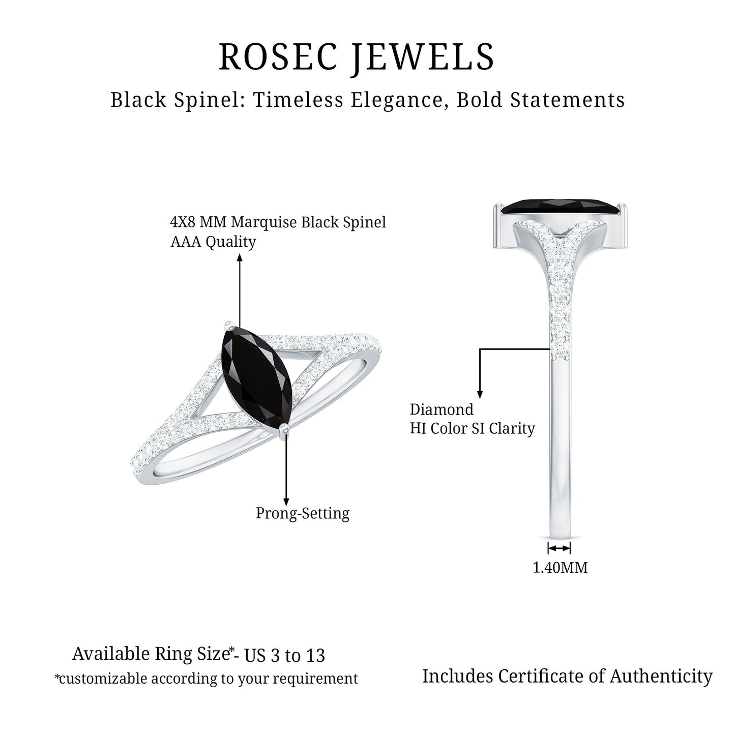 Minimal Black Spinel Marquise Engagement Ring with Diamond Split Shank