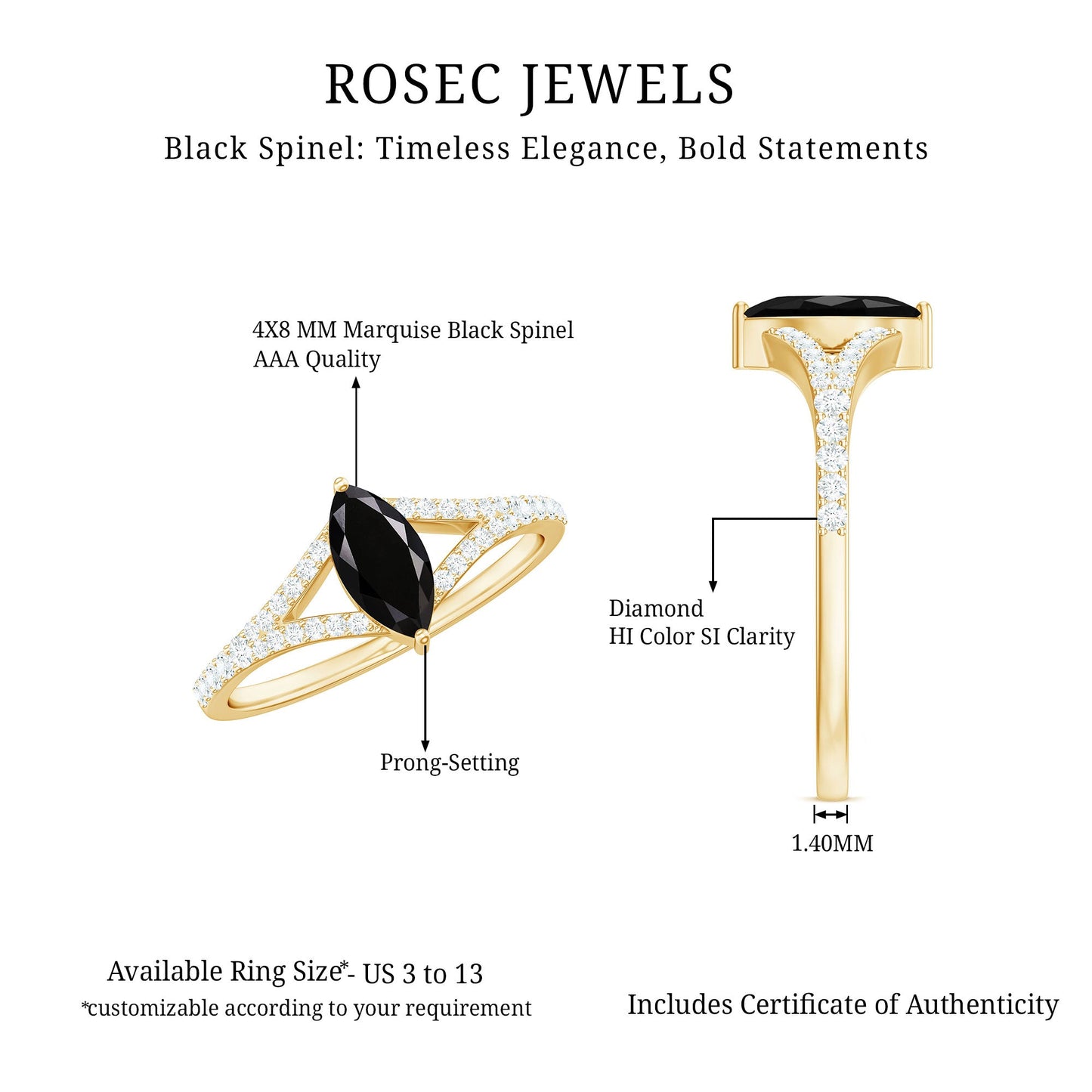 Minimal Black Spinel Marquise Engagement Ring with Diamond Split Shank