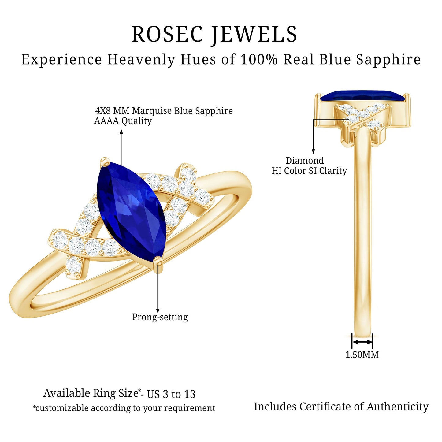 Certified 0.75 Carat Lab Grown Blue Sapphire Marquise Engagement Ring with Diamond