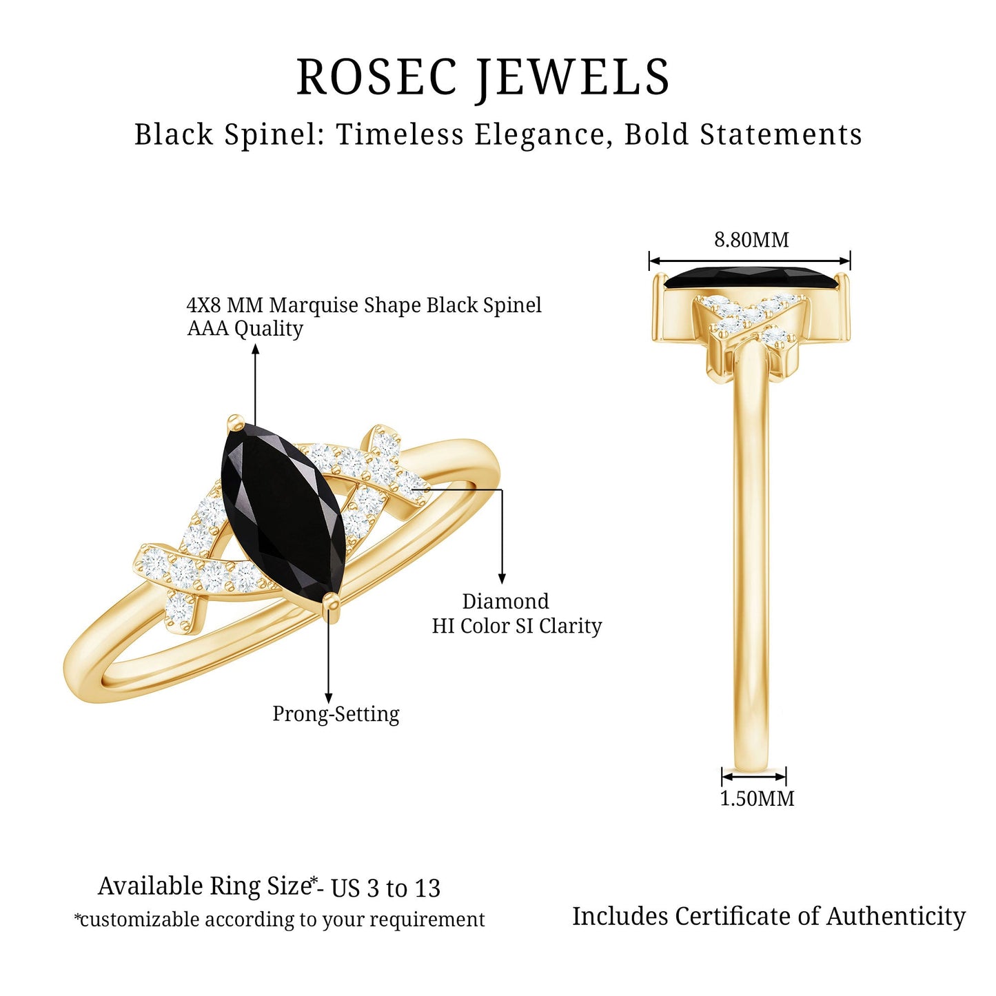 Natural Black Spinel Marquise Engagement Ring with Diamond