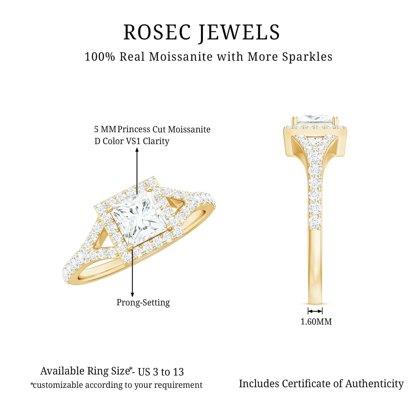 Princess Cut Moissanite Halo Engagement Ring with Split Band