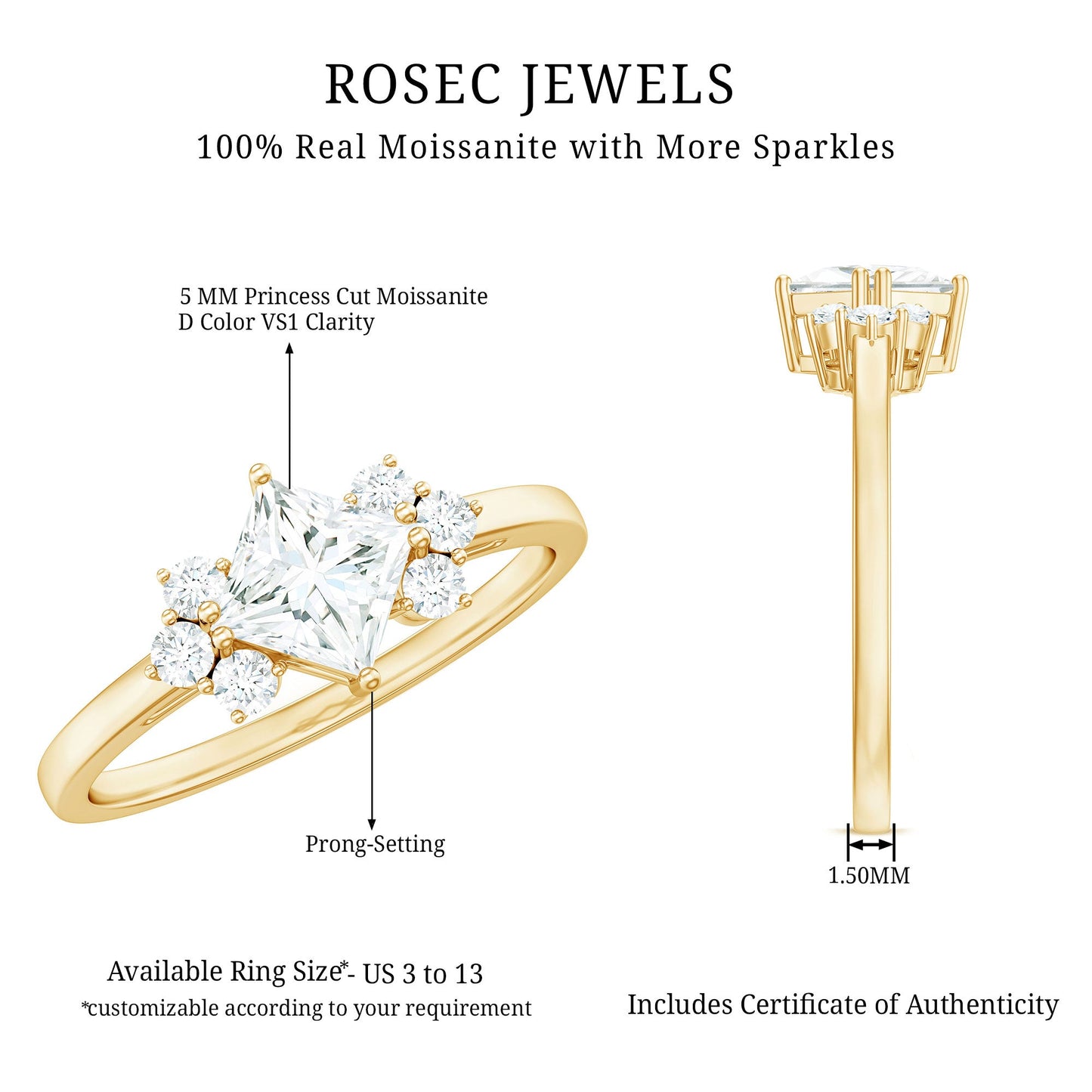 Princess Cut Moissanite Engagement Ring with Trio