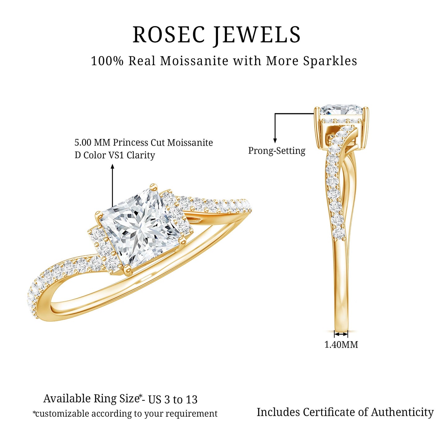 Princess Cut Moissanite Bypass Engagement Ring for Women
