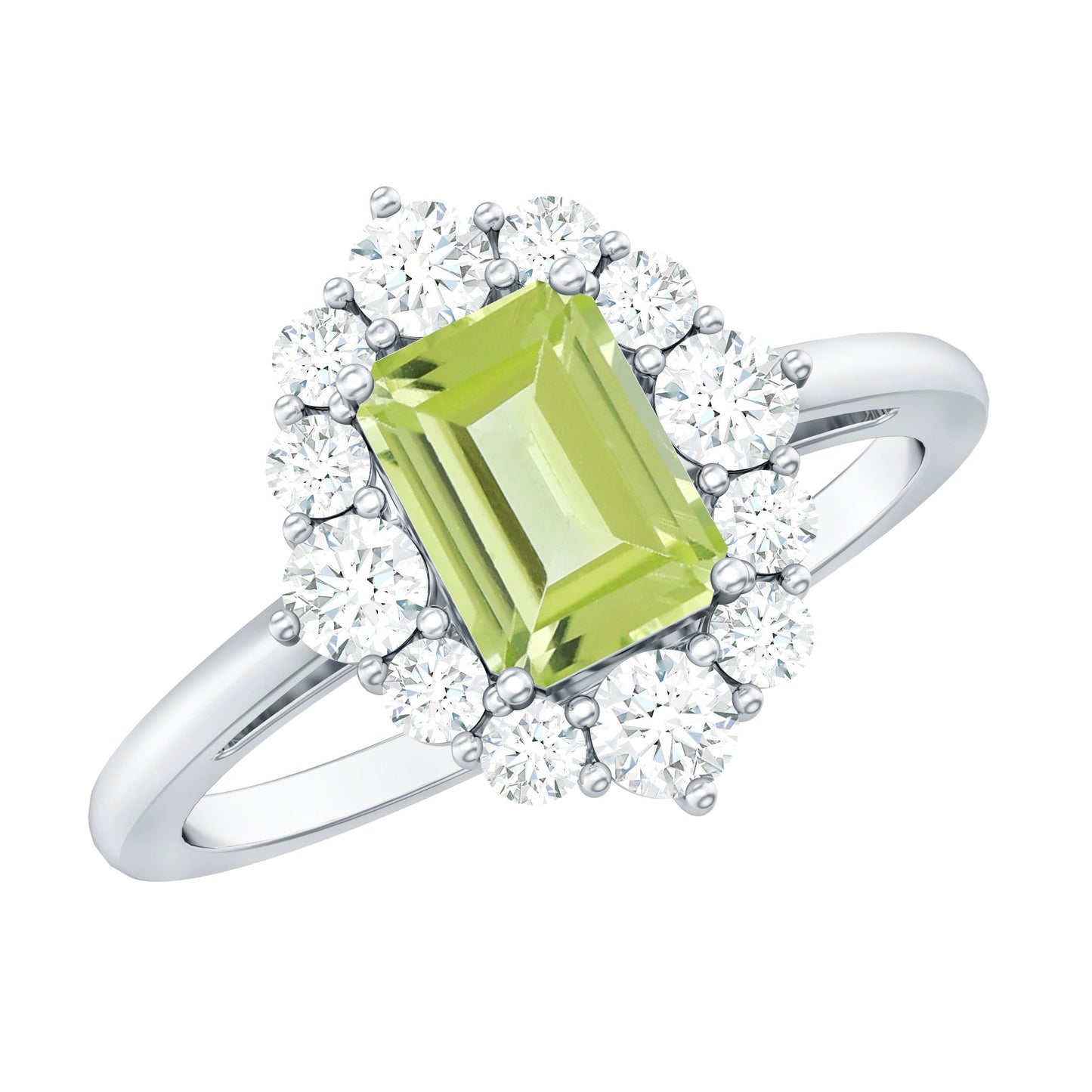 Natural 1.8 Carat Peridot Emerald Cut Engagement Ring with Diamond Halo