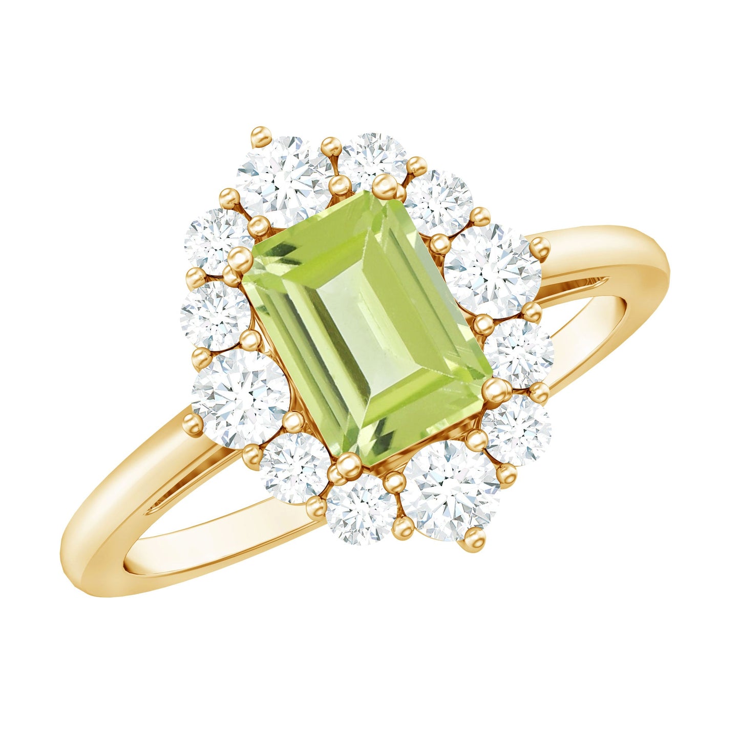 Natural 1.8 Carat Peridot Emerald Cut Engagement Ring with Diamond Halo