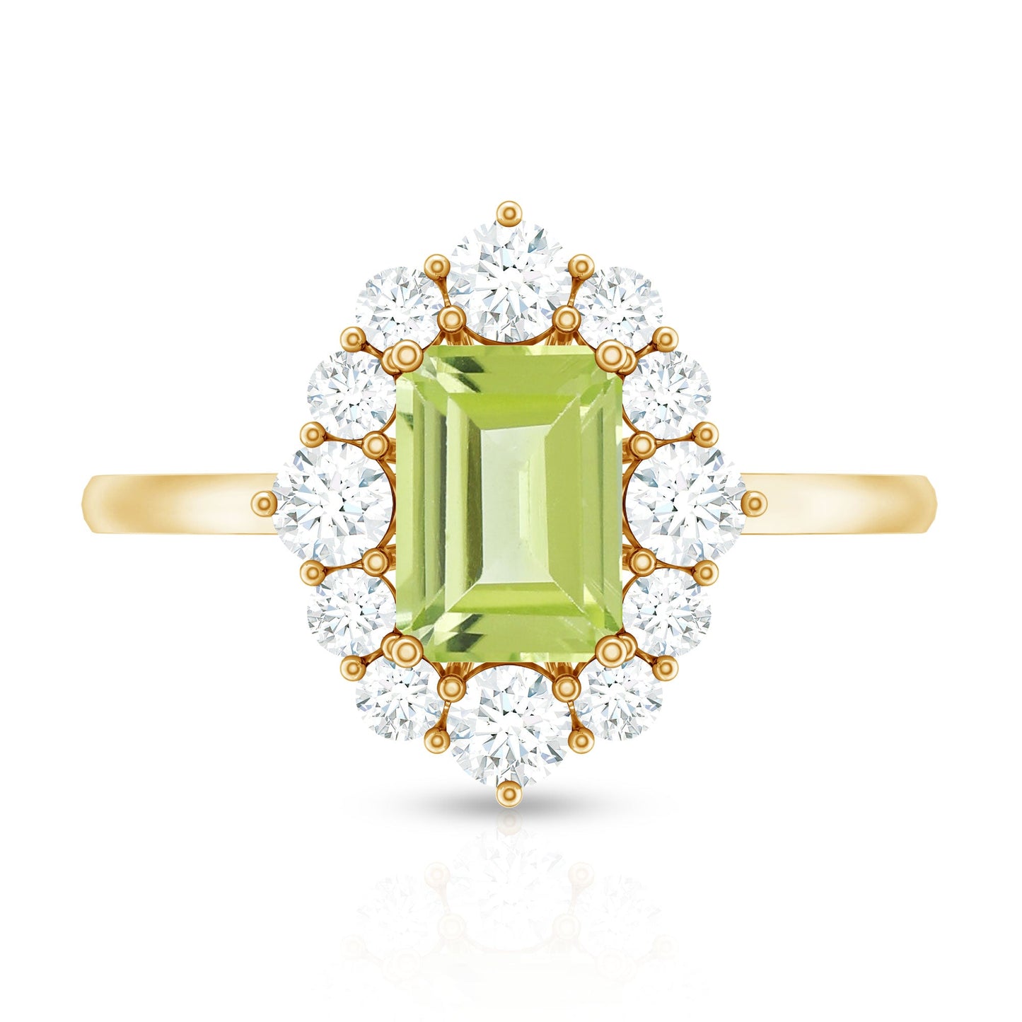 Natural 1.8 Carat Peridot Emerald Cut Engagement Ring with Diamond Halo