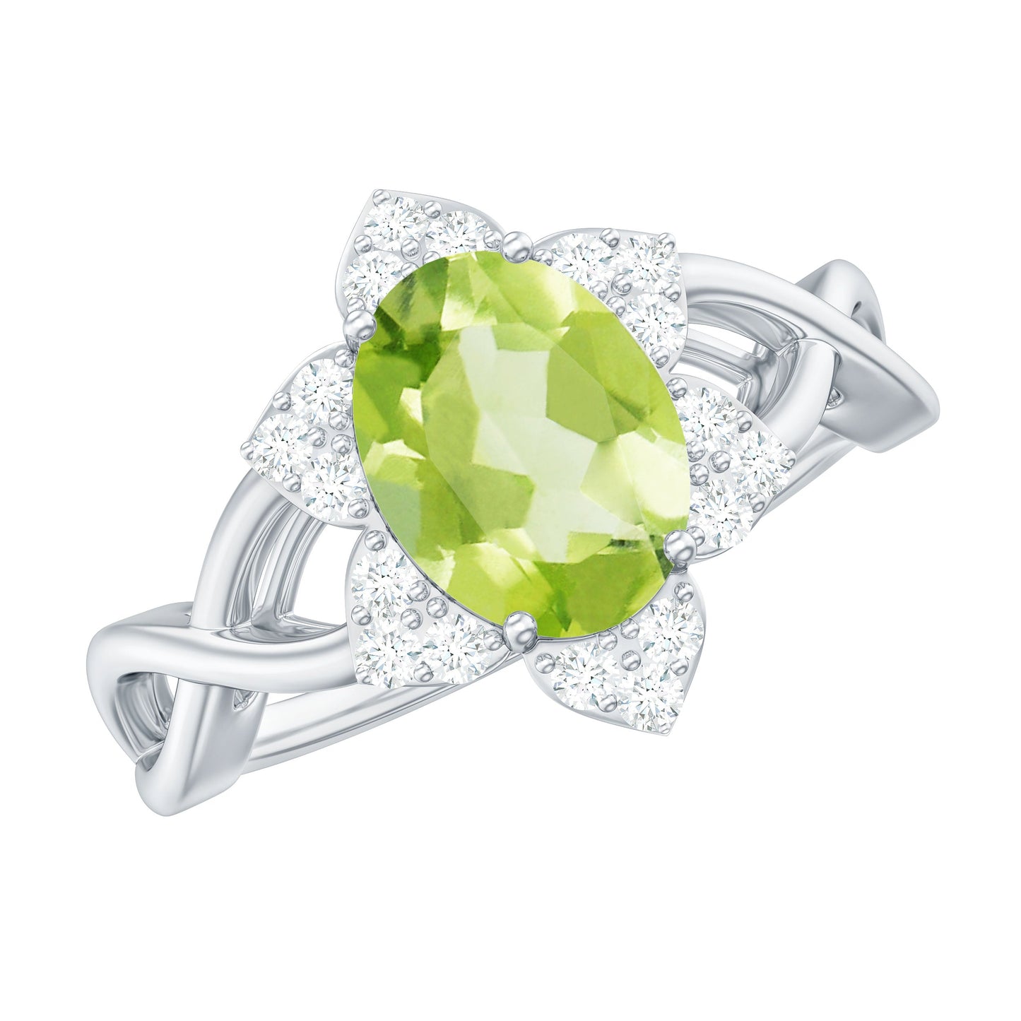 Natural 1 Carat Oval Peridot Flower Engagement Ring with Diamond