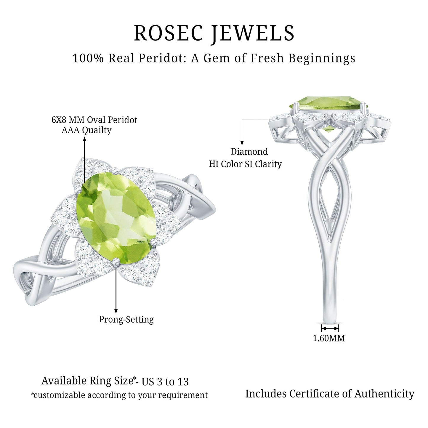 Natural 1 Carat Oval Peridot Flower Engagement Ring with Diamond