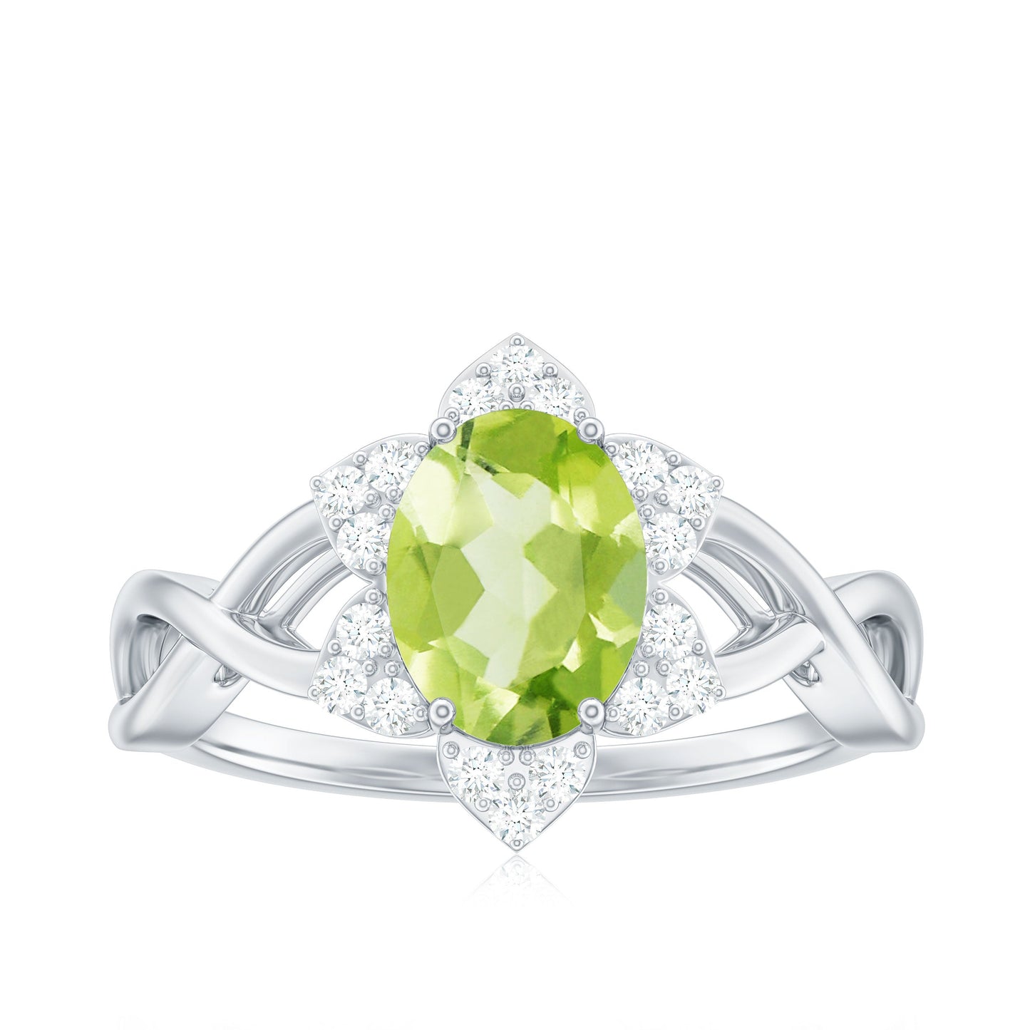 Natural 1 Carat Oval Peridot Flower Engagement Ring with Diamond