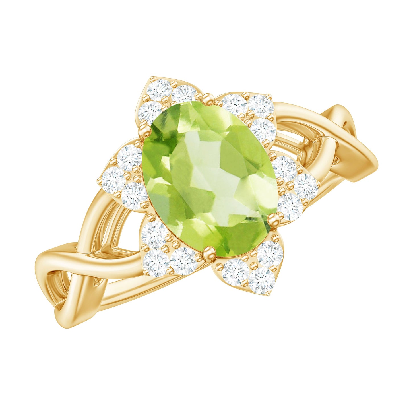 Natural 1 Carat Oval Peridot Flower Engagement Ring with Diamond