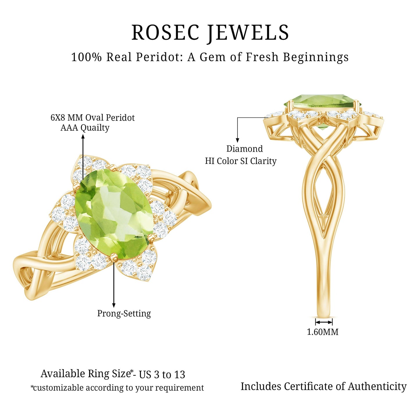 Natural 1 Carat Oval Peridot Flower Engagement Ring with Diamond