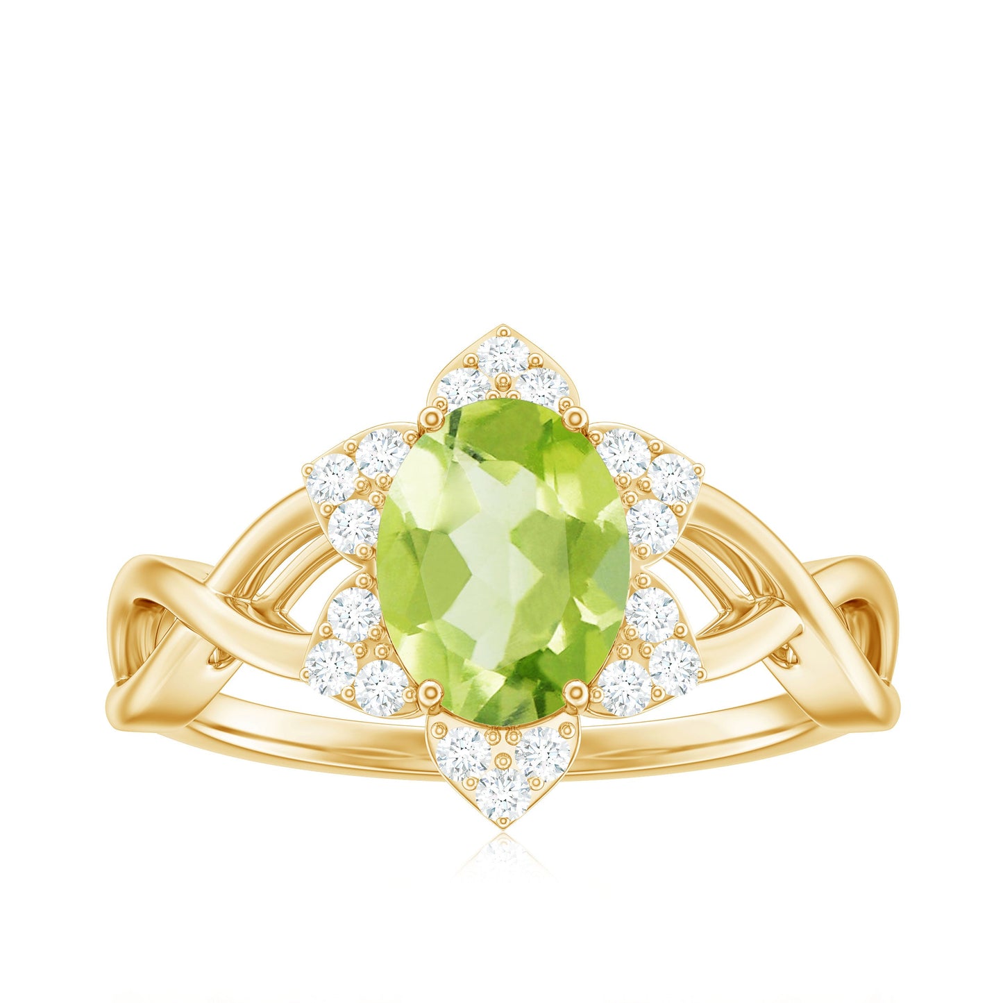 Natural 1 Carat Oval Peridot Flower Engagement Ring with Diamond
