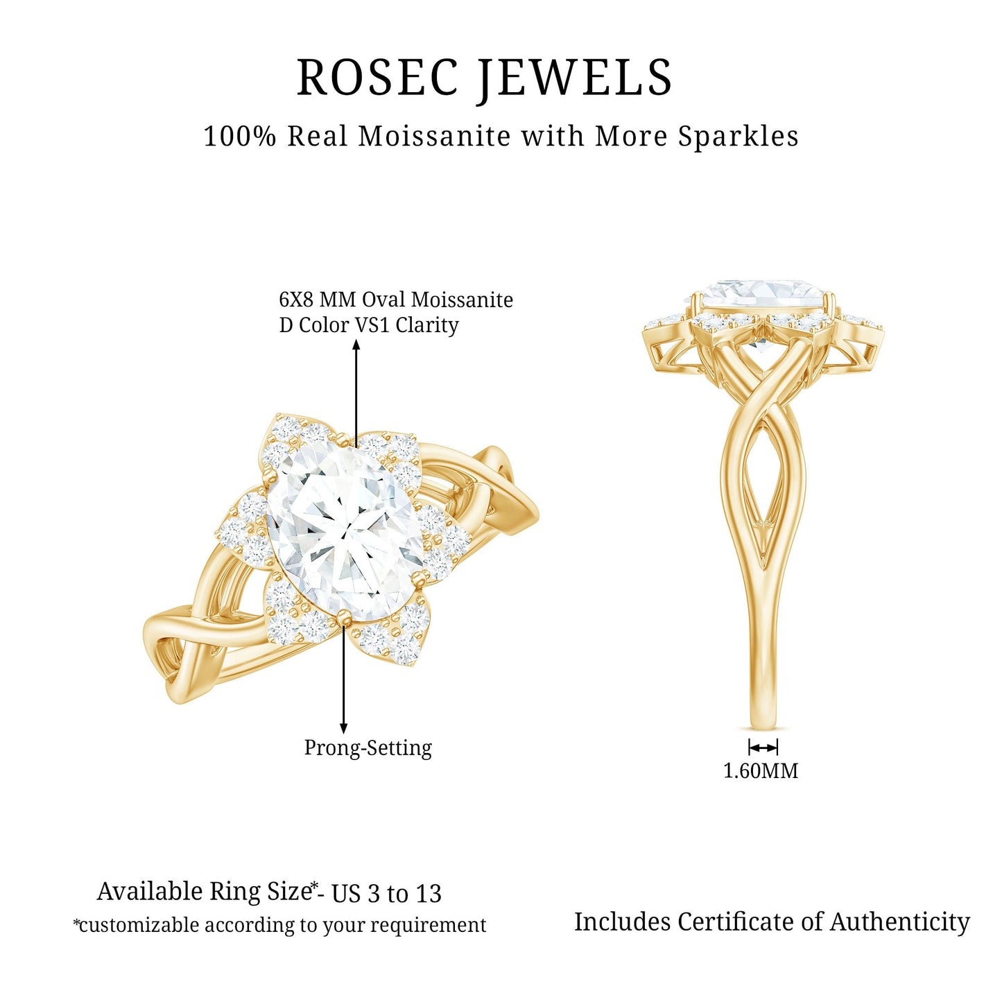 Certified Moissanite Flower Halo Engagement Ring with Criss Cross Band