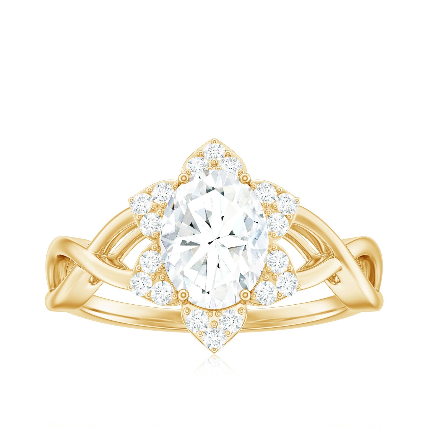 Certified Moissanite Flower Halo Engagement Ring with Criss Cross Band