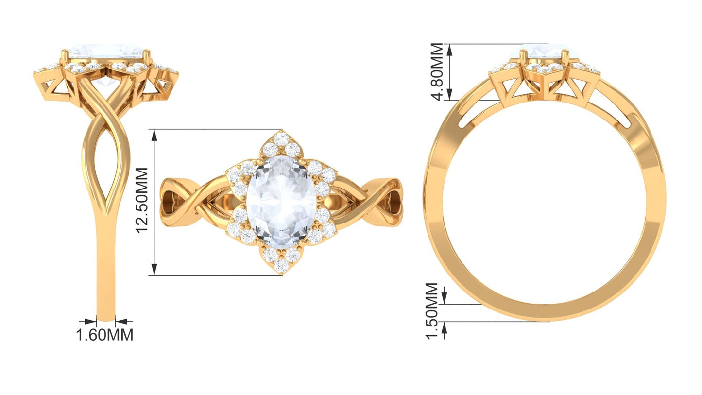 0.6 Carat Oval Cut Solitaire Moonstone and Diamond Floral Halo Ring