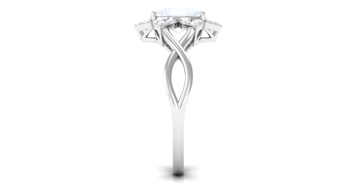 0.6 Carat Oval Cut Solitaire Moonstone and Diamond Floral Halo Ring