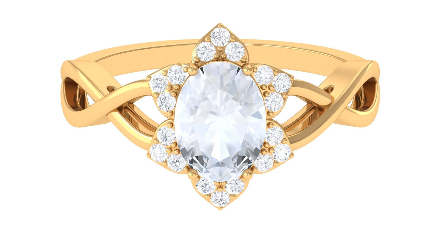 0.6 Carat Oval Cut Solitaire Moonstone and Diamond Floral Halo Ring