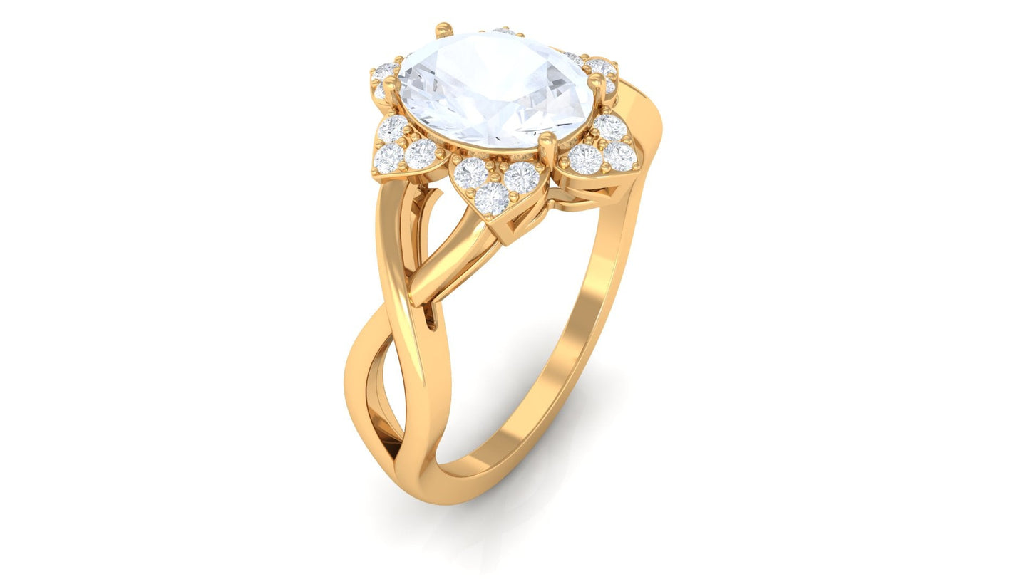 0.6 Carat Oval Cut Solitaire Moonstone and Diamond Floral Halo Ring