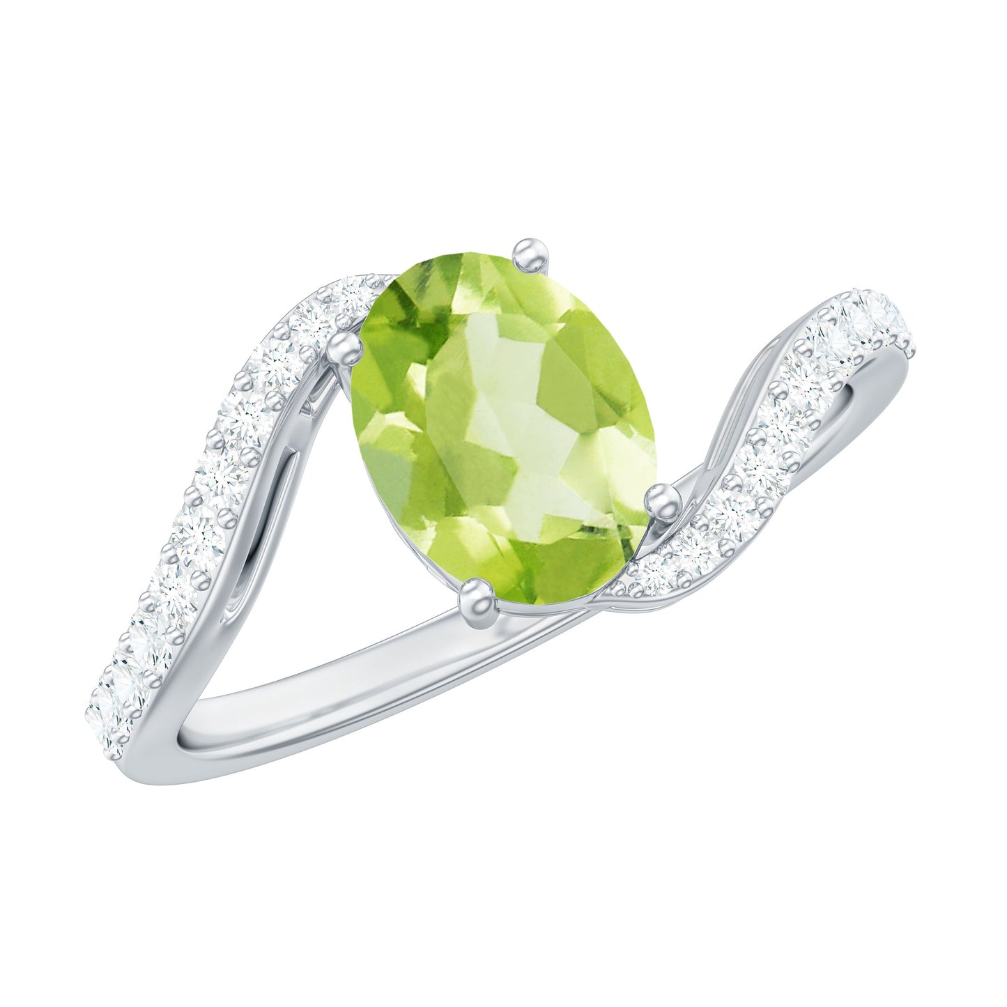 Natural 1 Carat Oval Peridot Engagement Ring with Diamond Bypass Shank