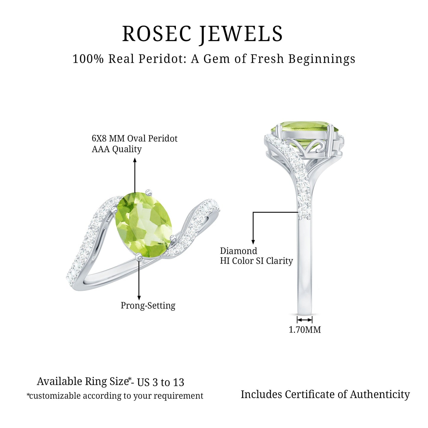 Natural 1 Carat Oval Peridot Engagement Ring with Diamond Bypass Shank