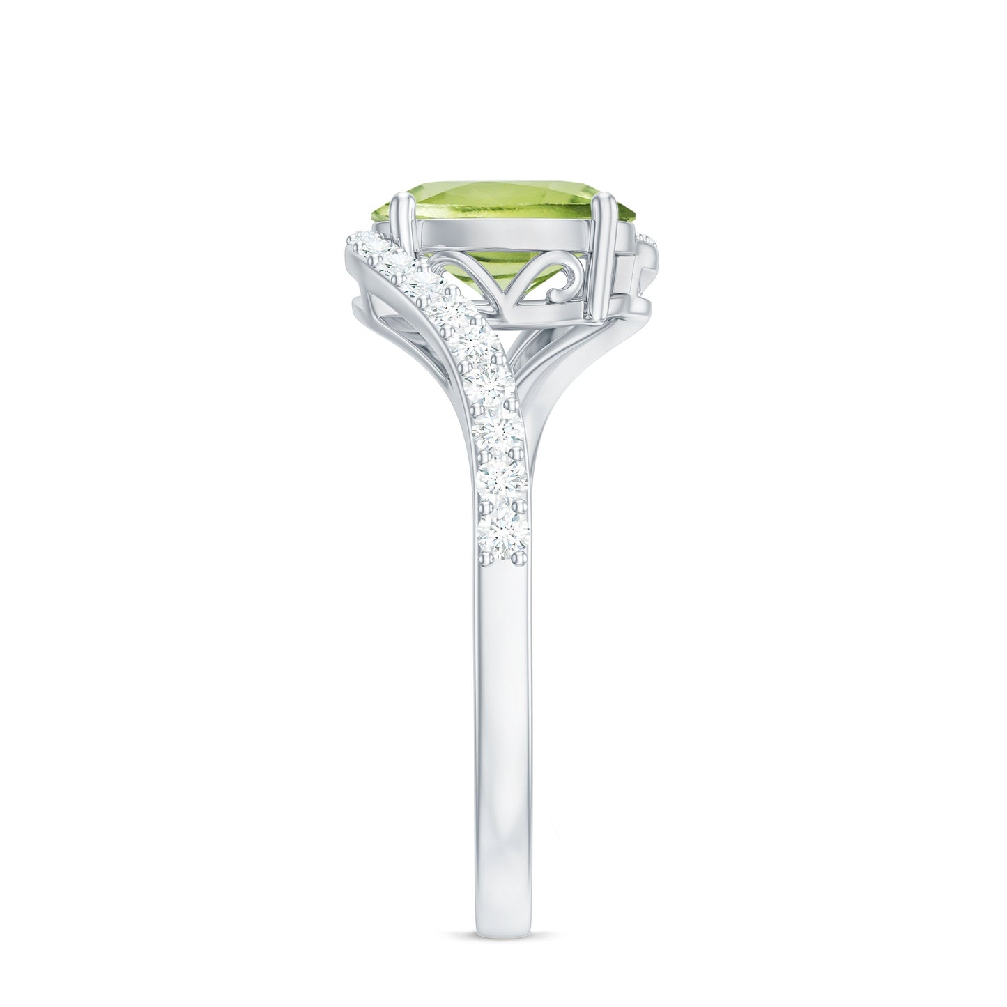 Natural 1 Carat Oval Peridot Engagement Ring with Diamond Bypass Shank