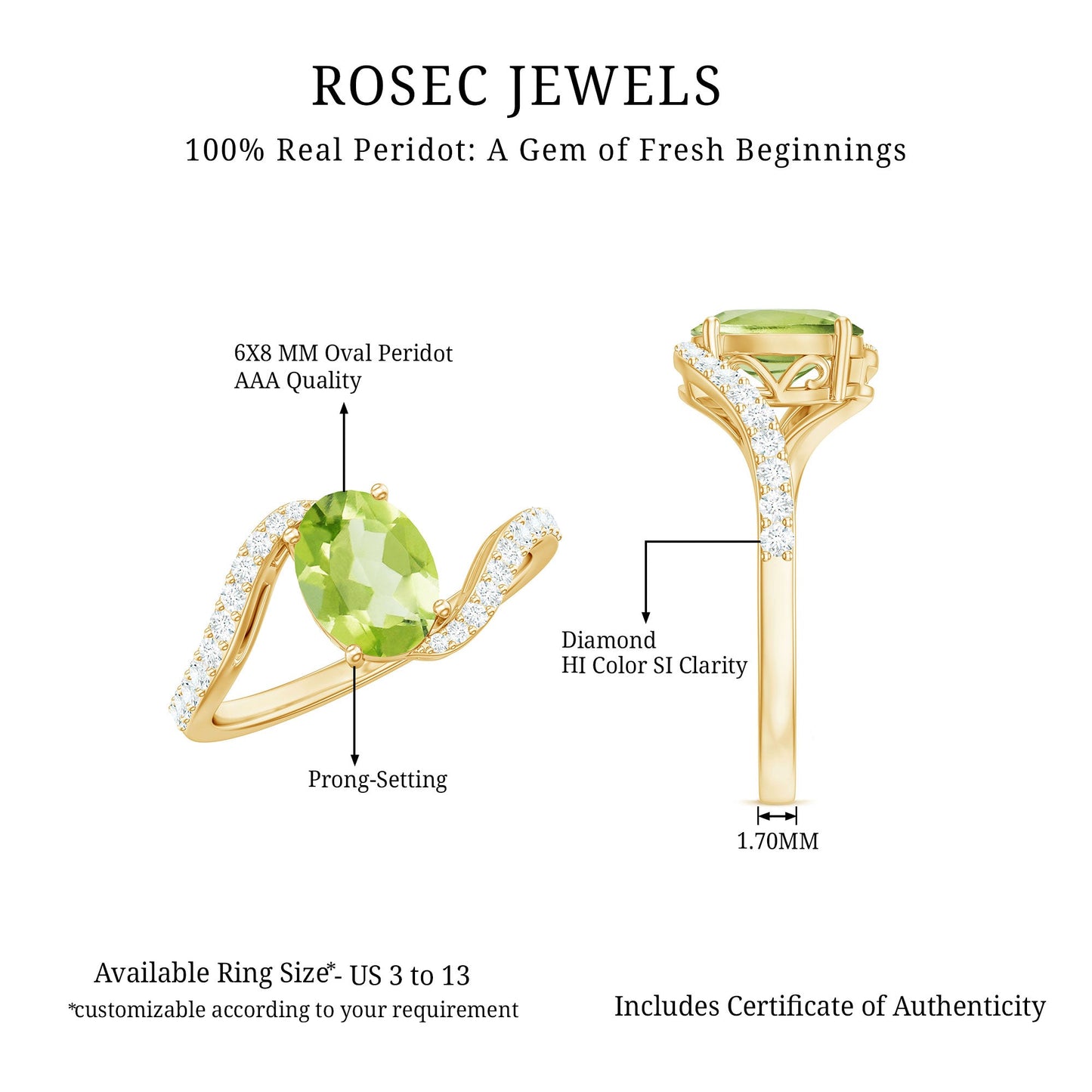Natural 1 Carat Oval Peridot Engagement Ring with Diamond Bypass Shank