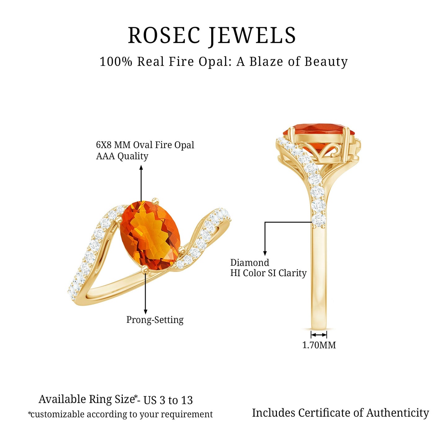 Oval Cut Solitaire Fire Opal and Diamond Bypass Ring