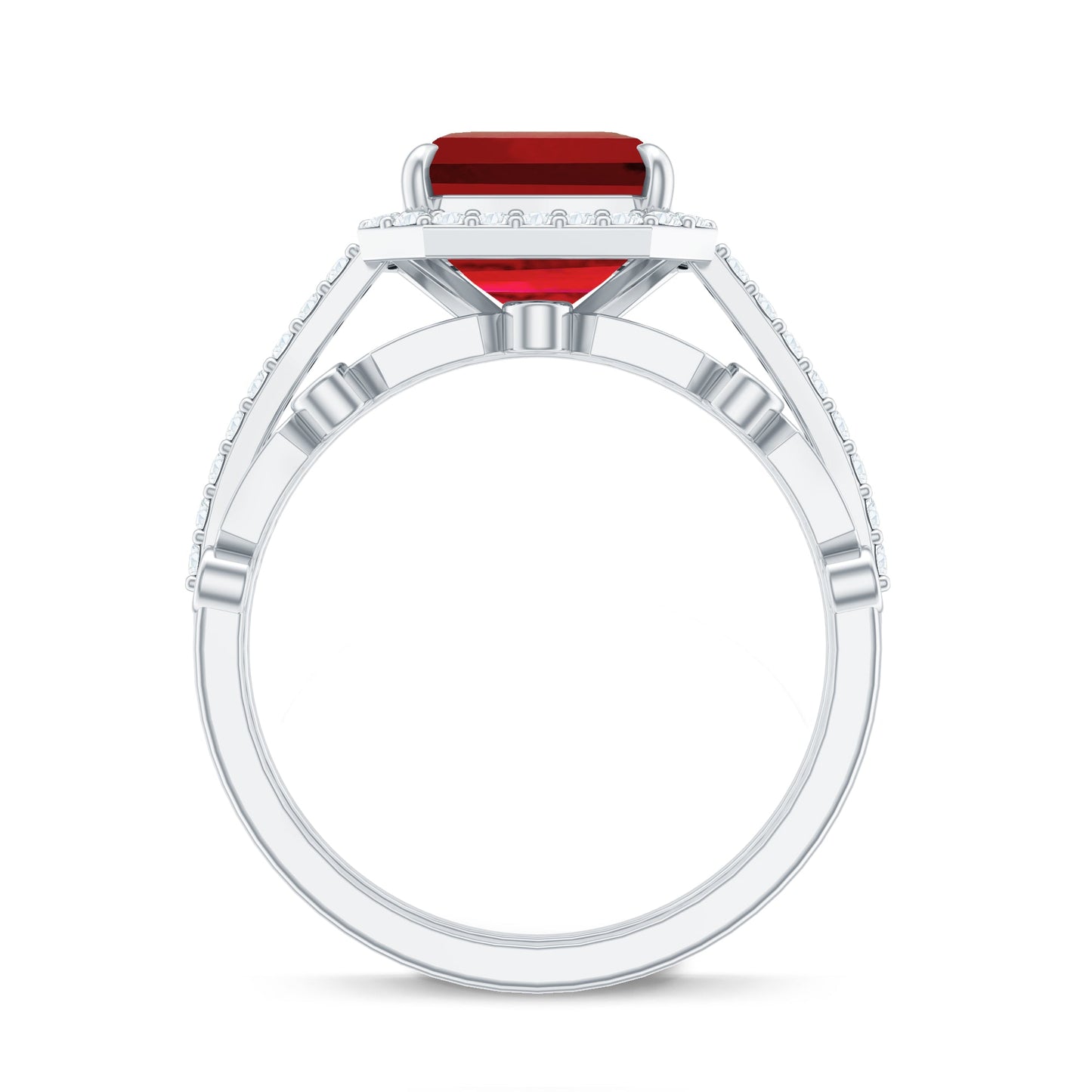 Lab Grown Ruby and Diamond Asscher Cut Engagement Ring With Enhancer