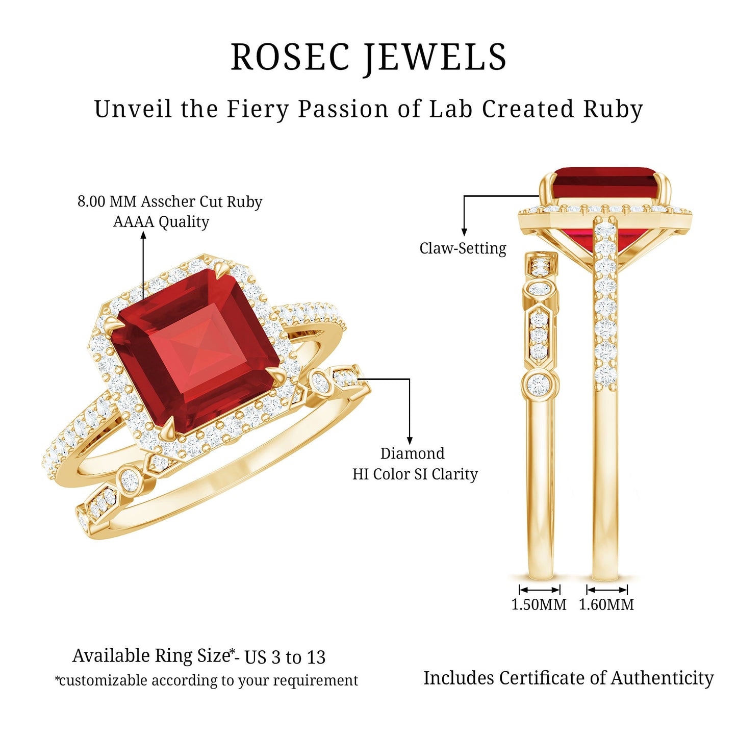 Lab Grown Ruby and Diamond Asscher Cut Engagement Ring With Enhancer