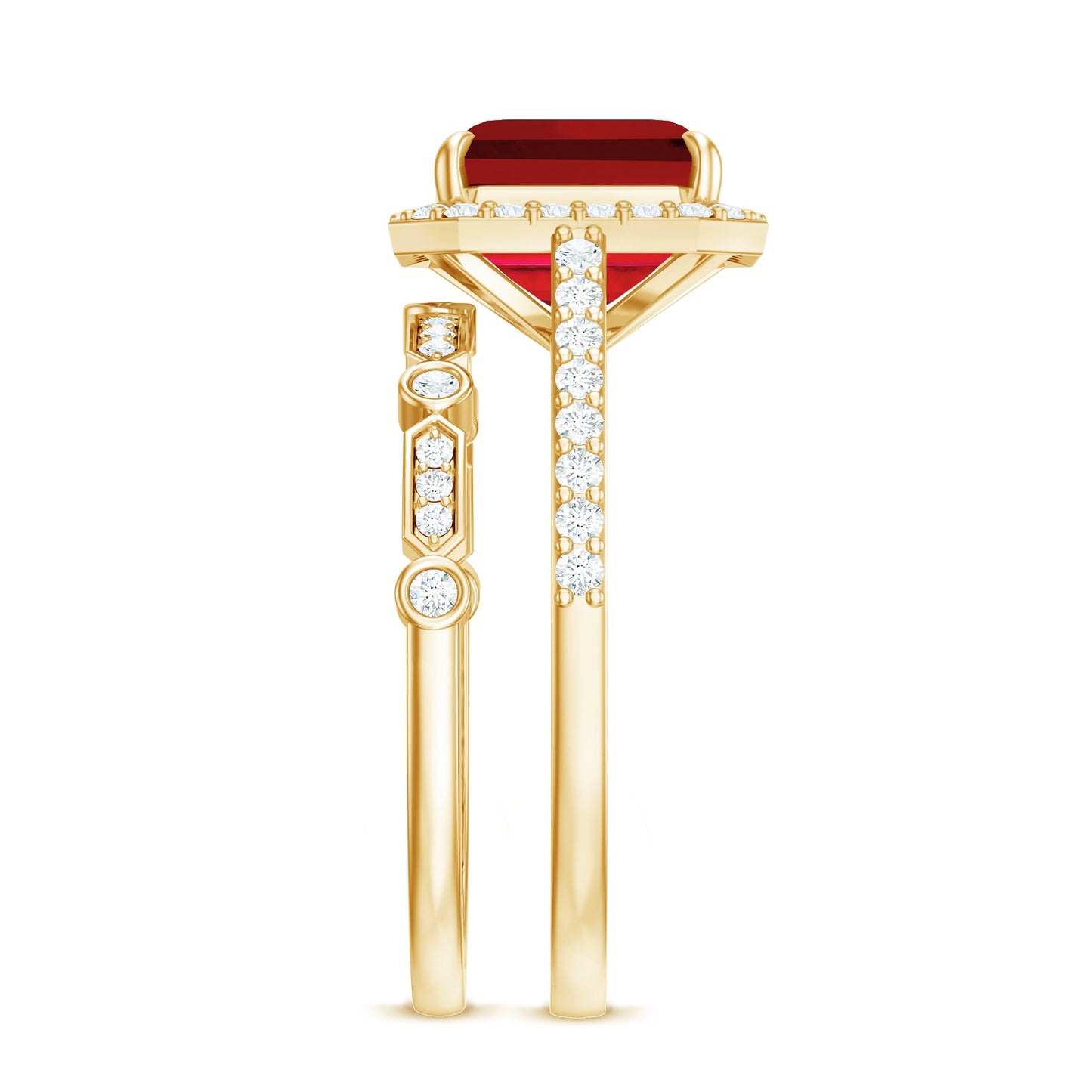 Lab Grown Ruby and Diamond Asscher Cut Engagement Ring With Enhancer