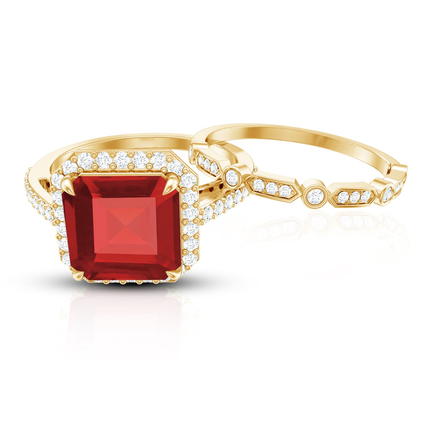 Lab Grown Ruby and Diamond Asscher Cut Engagement Ring With Enhancer