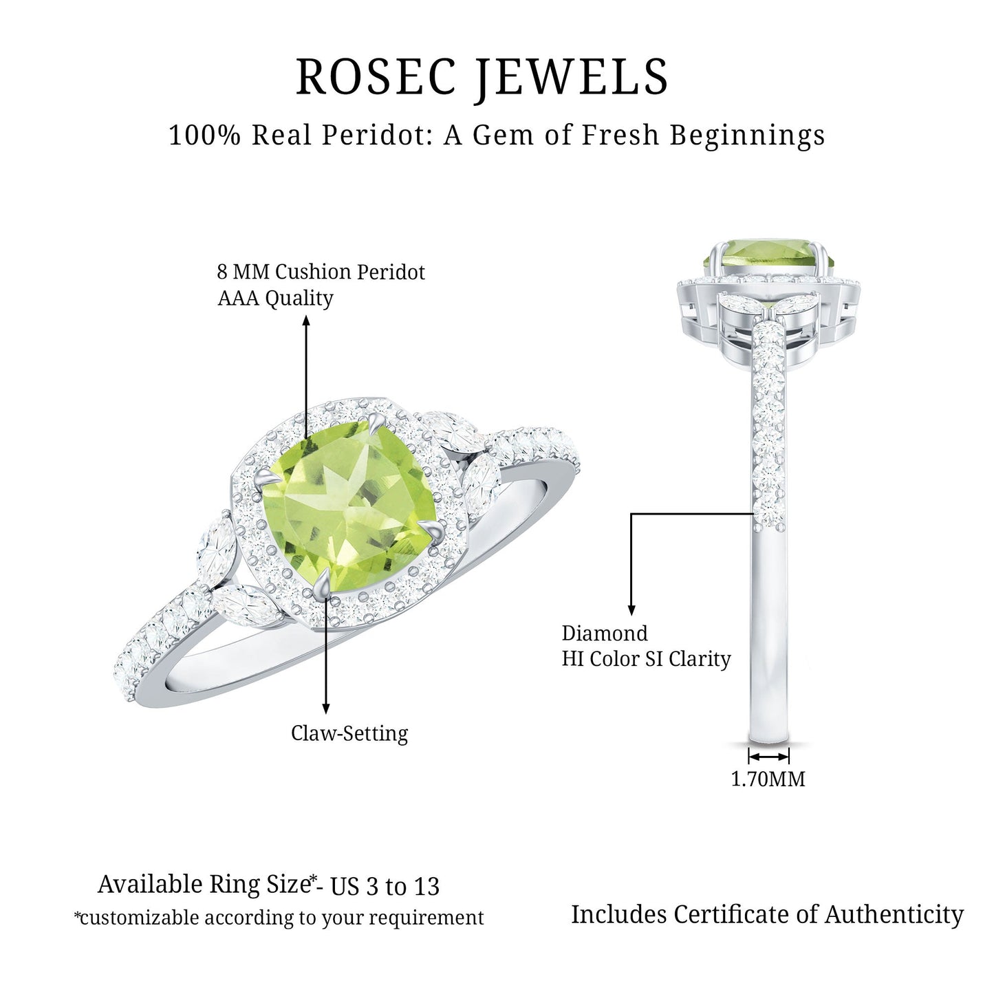 Natural 2 Carat Peridot Cushion Cut Engagement Ring with Diamond Halo