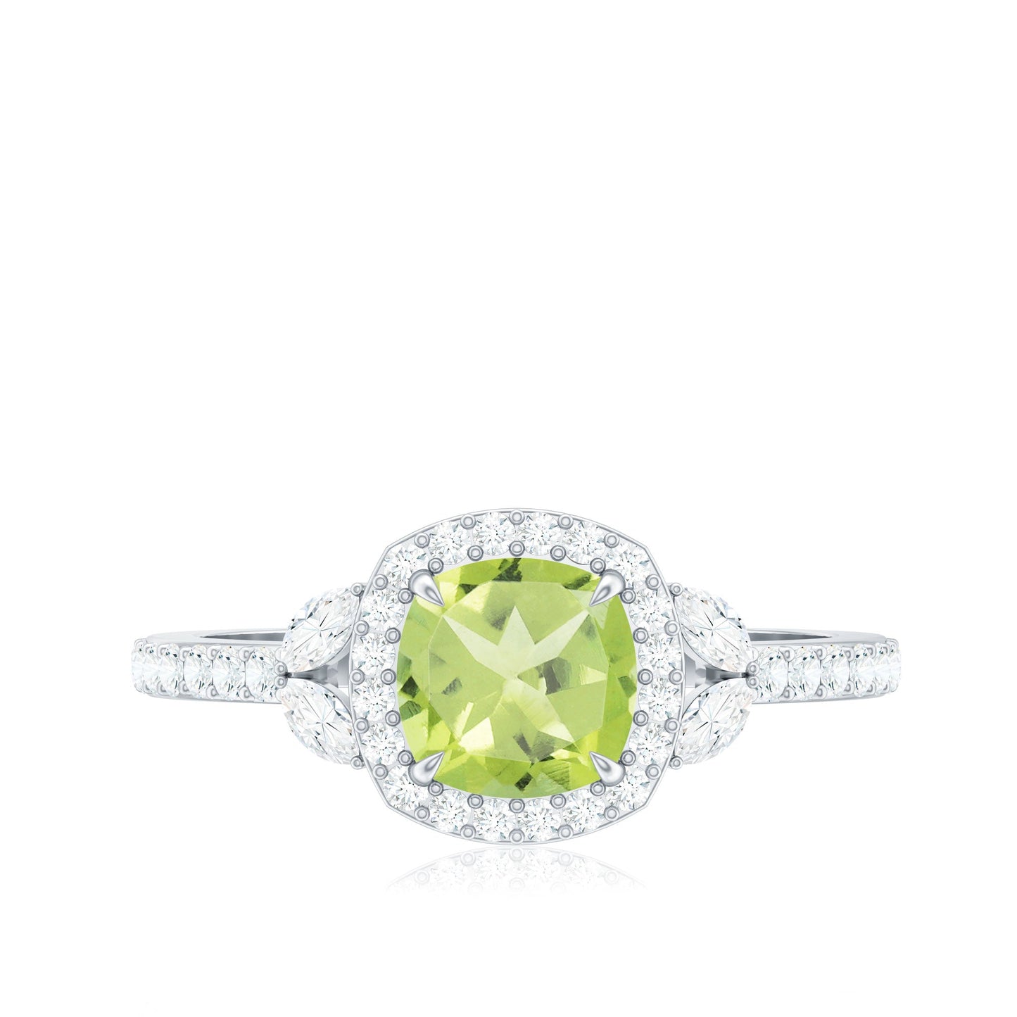 Natural 2 Carat Peridot Cushion Cut Engagement Ring with Diamond Halo