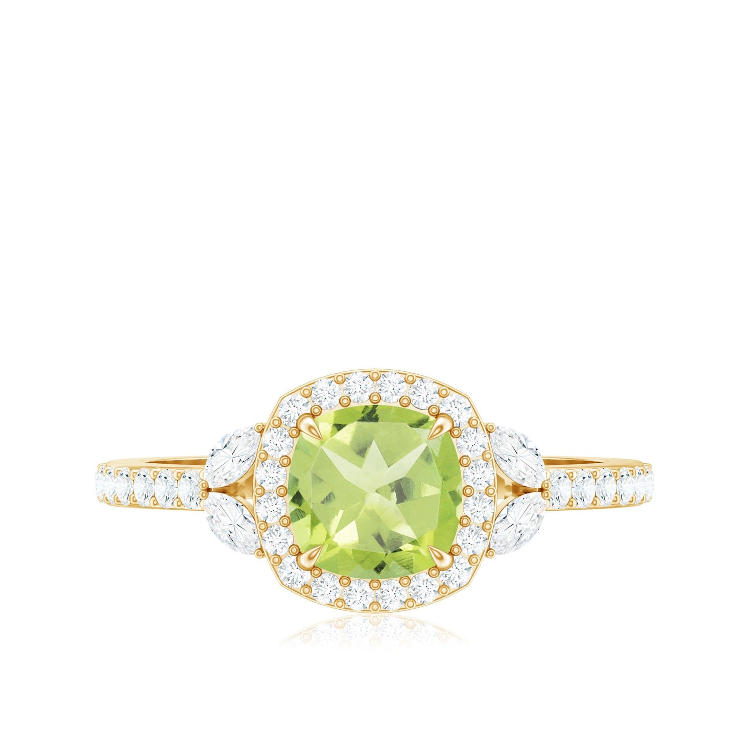 Natural 2 Carat Peridot Cushion Cut Engagement Ring with Diamond Halo