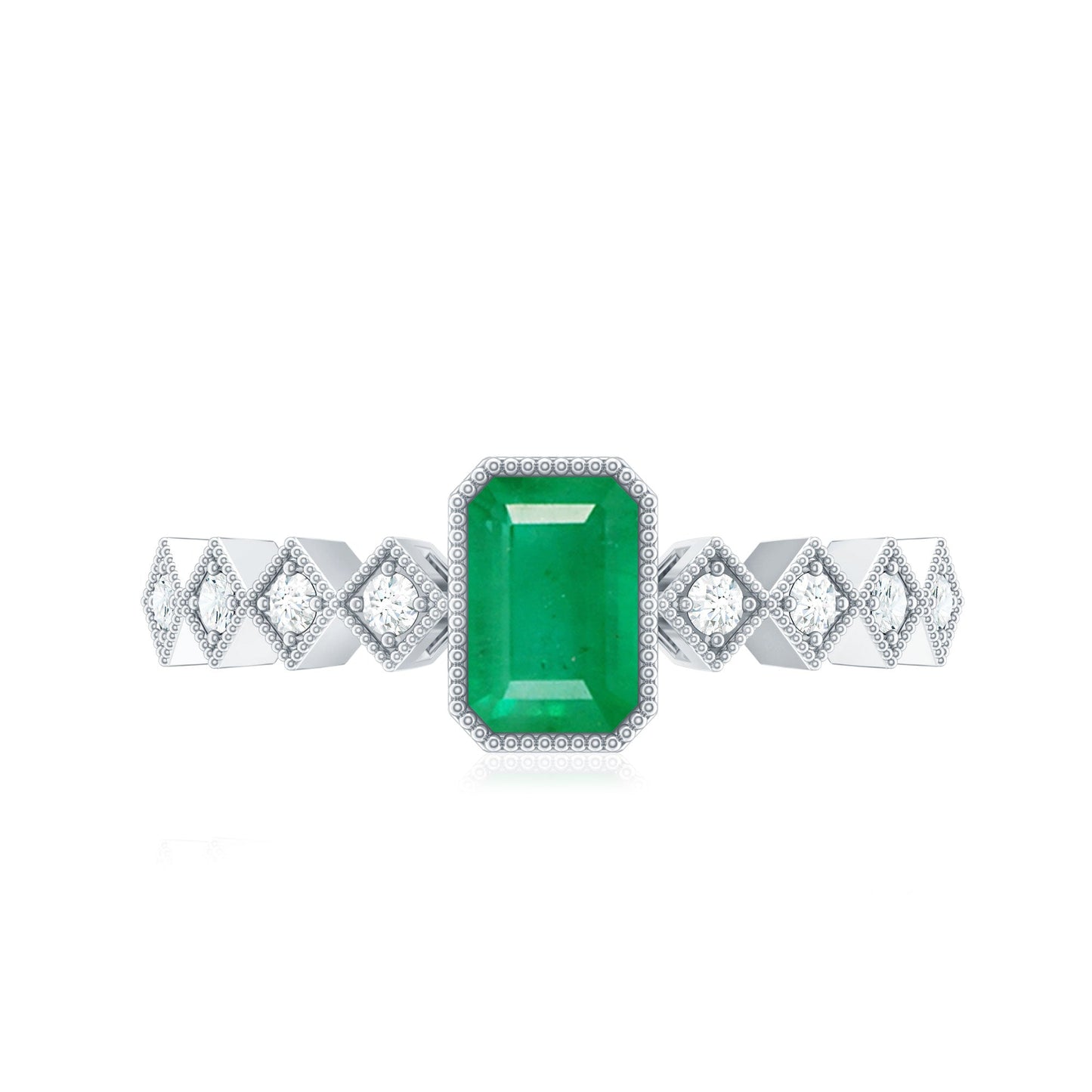 Vintage Looking Emerald Cut Emerald Engagement Ring with Diamond