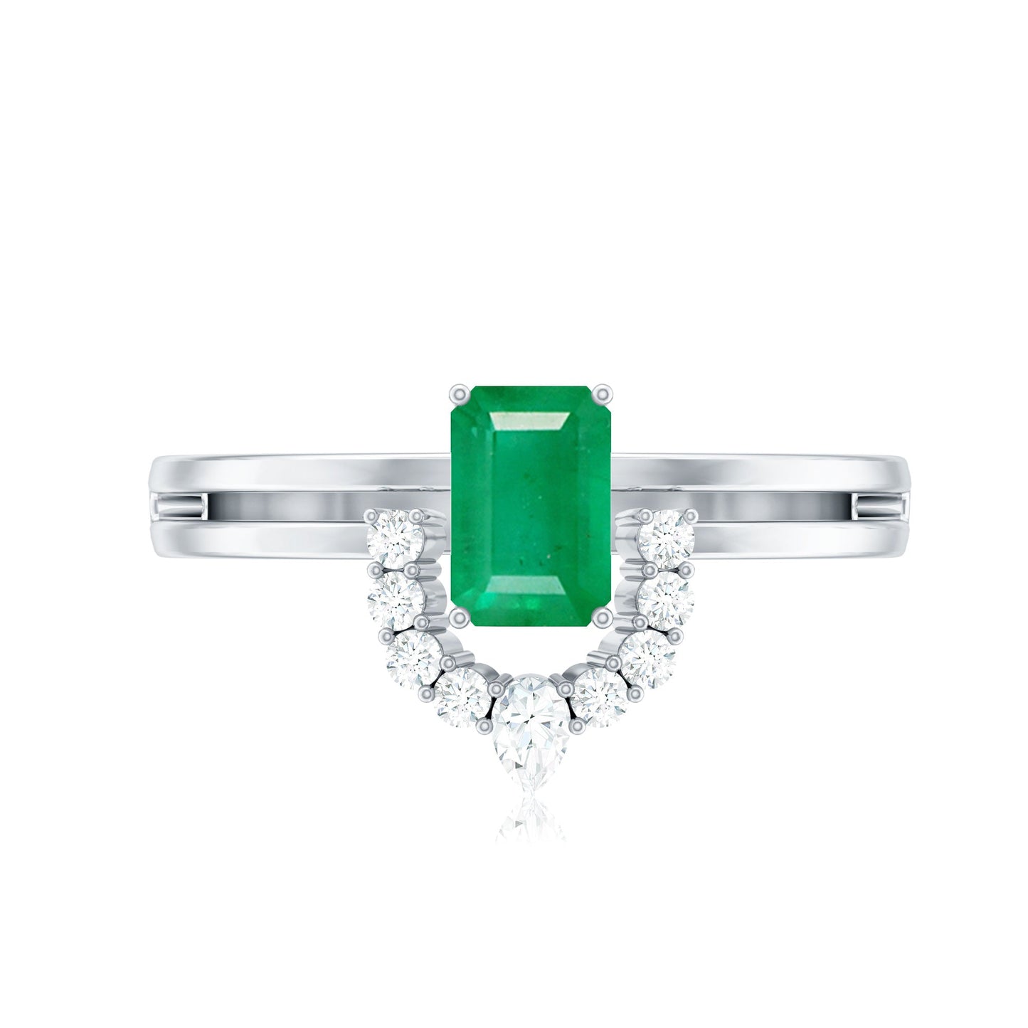 Natural Emerald Cut Emerald Double Band Engagement Ring with Diamond