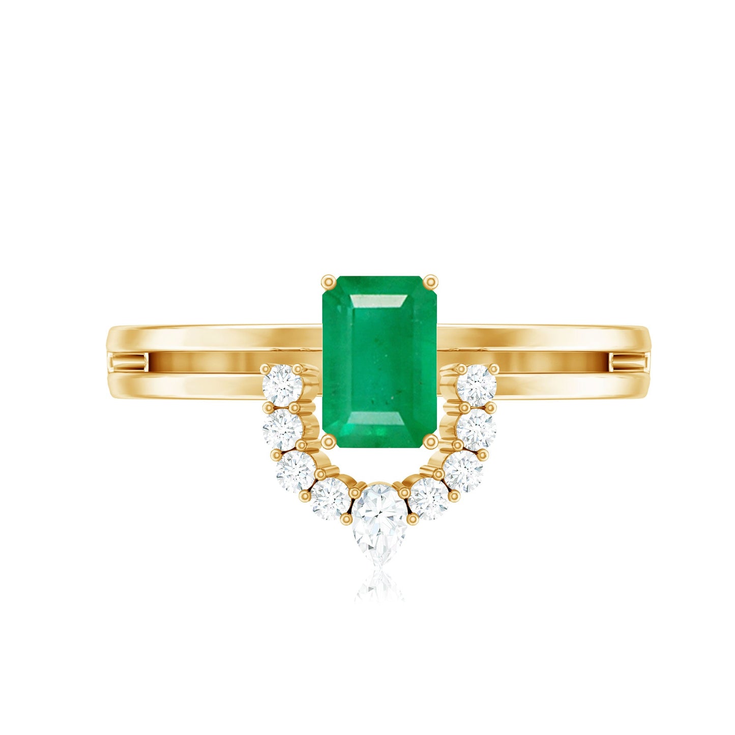 Natural Emerald Cut Emerald Double Band Engagement Ring with Diamond