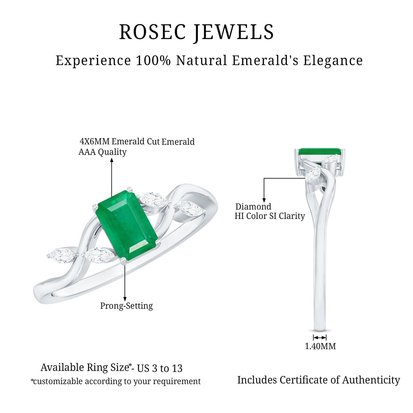 Natural Emerald Cut Emerald Designer Engagement Ring with Diamond