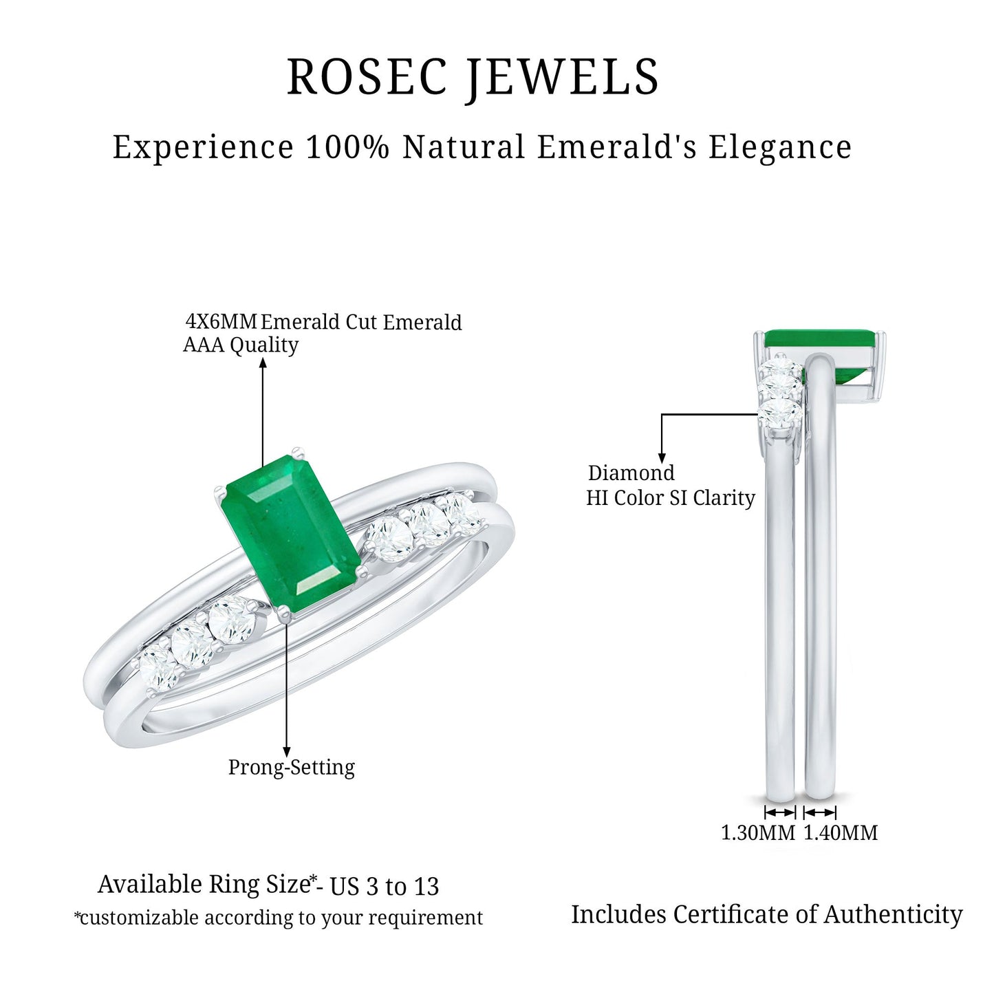 Natural 0.6 Carat Emerald Cut Emerald Diamond Engagement Wedding Ring Set of 2