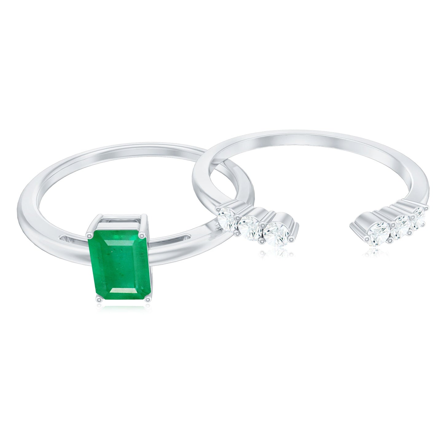 Natural 0.6 Carat Emerald Cut Emerald Diamond Engagement Wedding Ring Set of 2